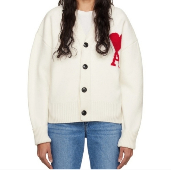 White Cardigan with Red Heart Patch Ami cardigan sz med - Picture 1 of 5